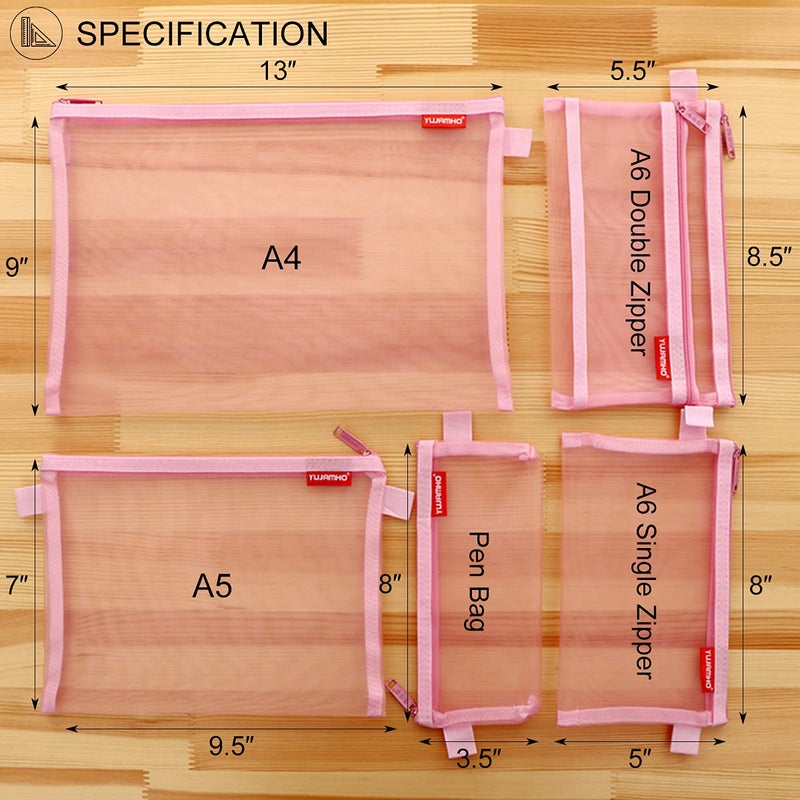 Pendancy Mesh Zipper Pouch 5pcs Lightweight Nylon File Folders Document Organizer Cosmetic Bags Accessories Storage for Travel and Office Supplies(Pink, A4 A5 A6) - Image 2